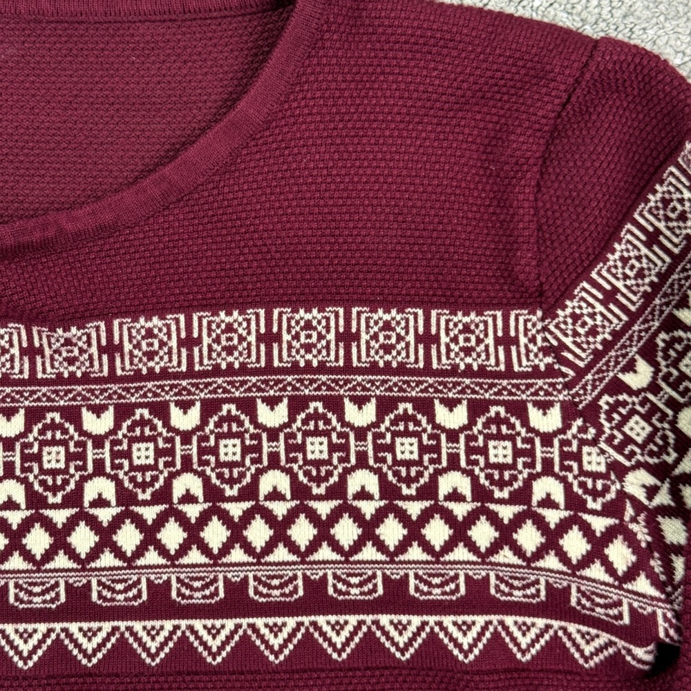 Womens S Burgundy Fair Isle Thermal Waffle Knit Long Sleeve Top Nordic